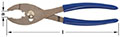 Horizontal Image of adjustable combination pliers with blue handles. The plier head has a rounded, serrated gripping area and a slider nut for adjusting the jaw width. An arrow pointing horizontally indicates the length of the pliers, while another arrow 